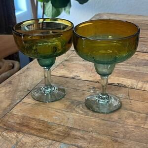 Hand Blown Set Of 2 Margarita Glasses Bubble Ombre Amber Blue Goblets Heavy